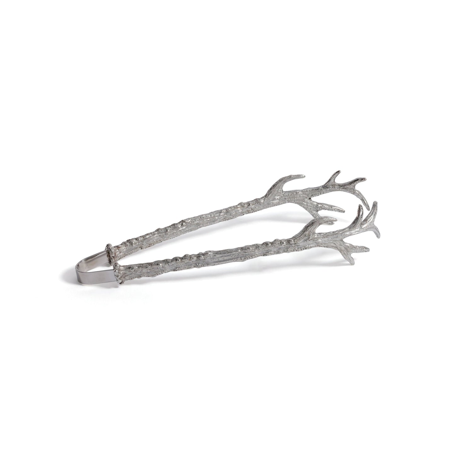 Silver tongs with antler design on a white background