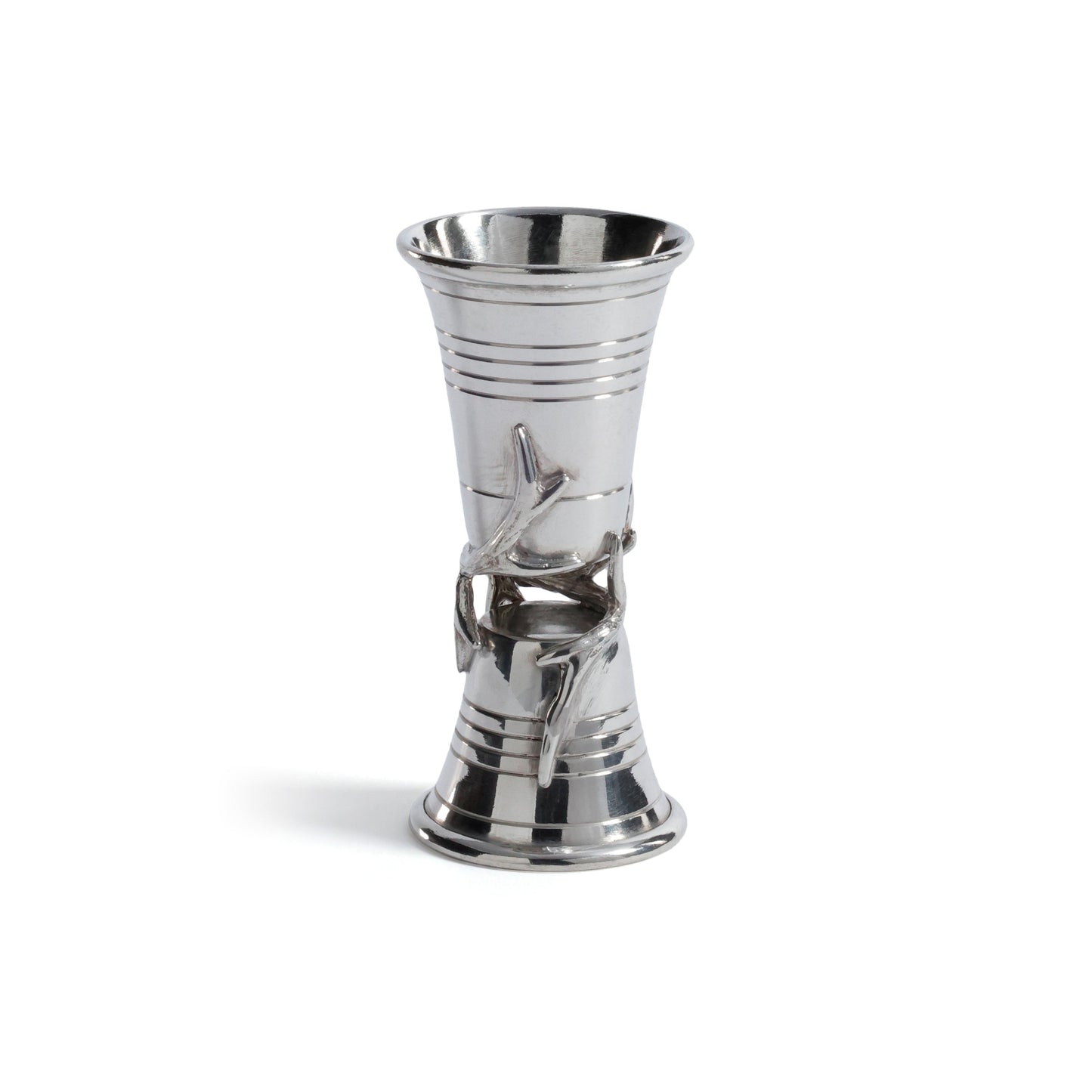 Silver metal vase with decorative design on a white background