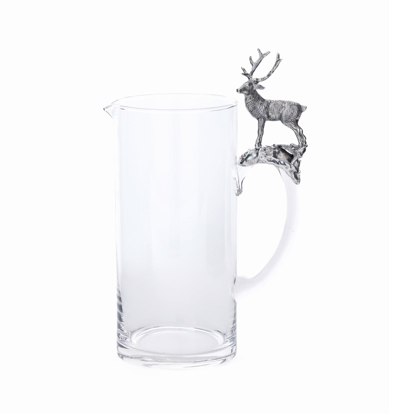 Clear glass pitcher with a metal deer finial on a white background