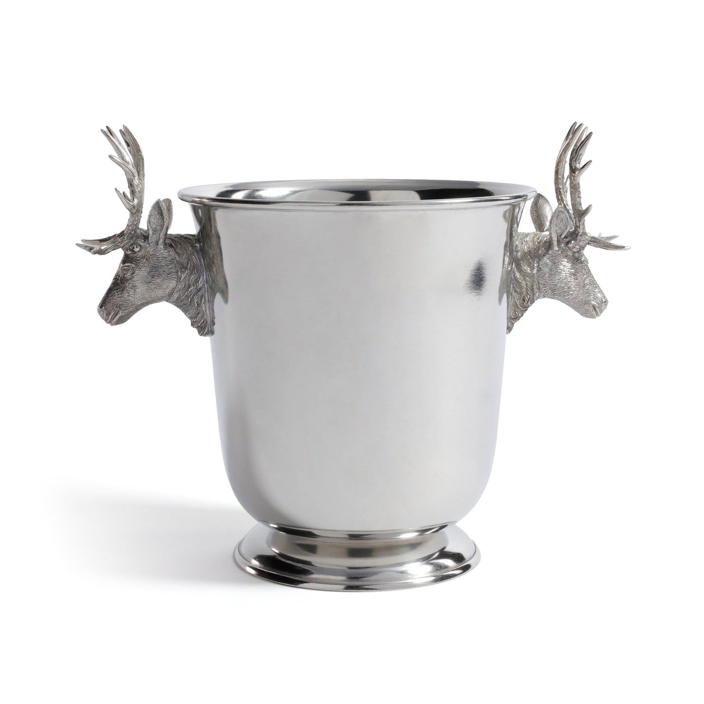 Silver wine cooler with deer head handles on a white background