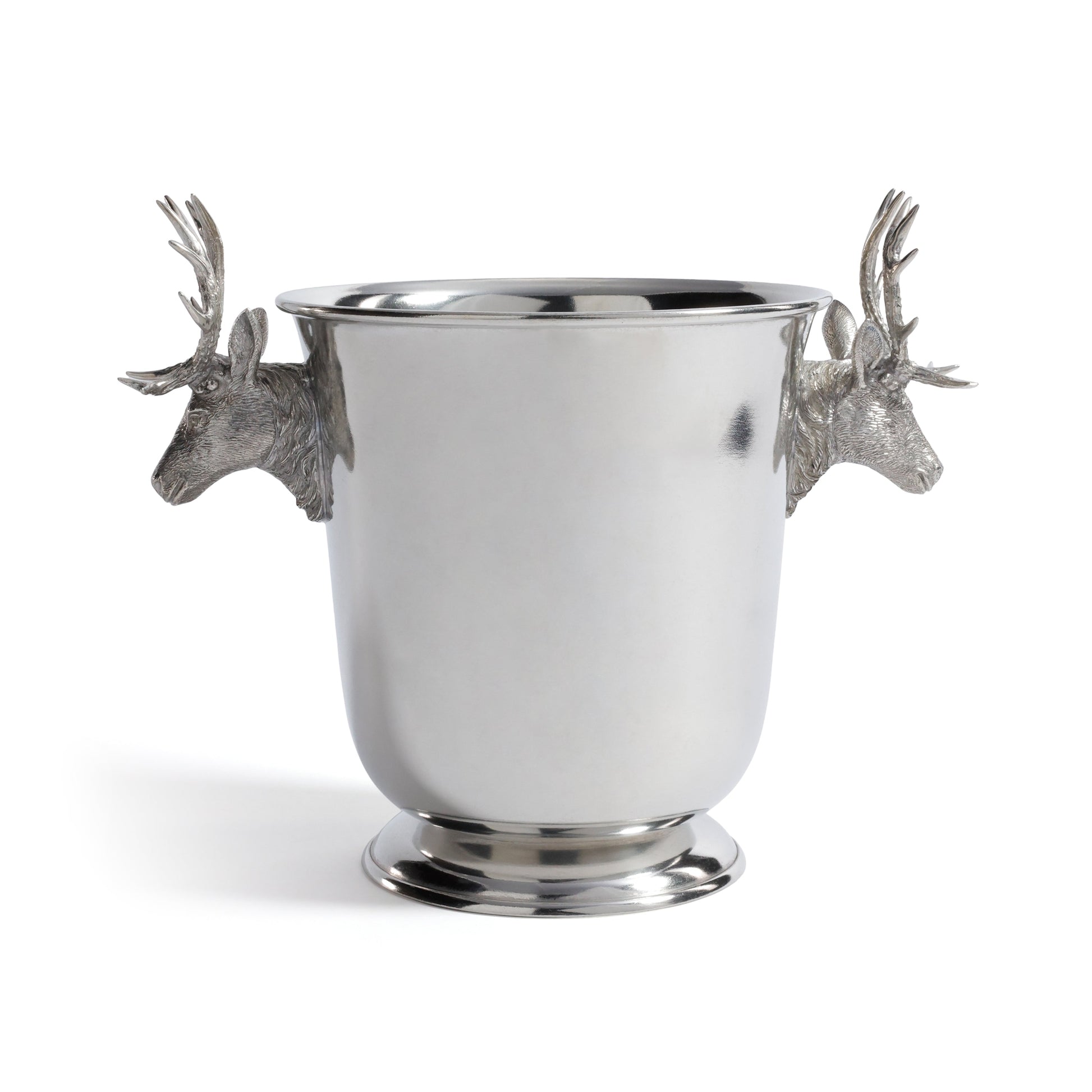 Silver wine cooler with deer head handles on a white background