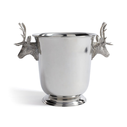 Silver wine cooler with deer head handles on a white background