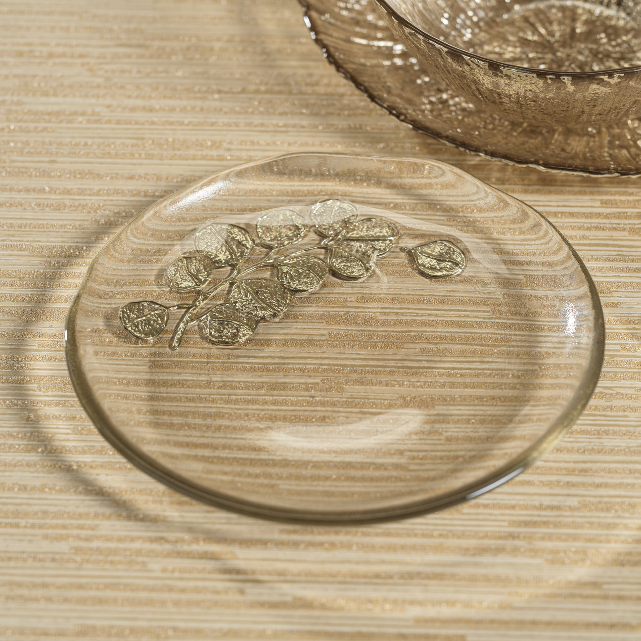 Eucalyptus Design Glass Dessert Plate - Golden Champagne