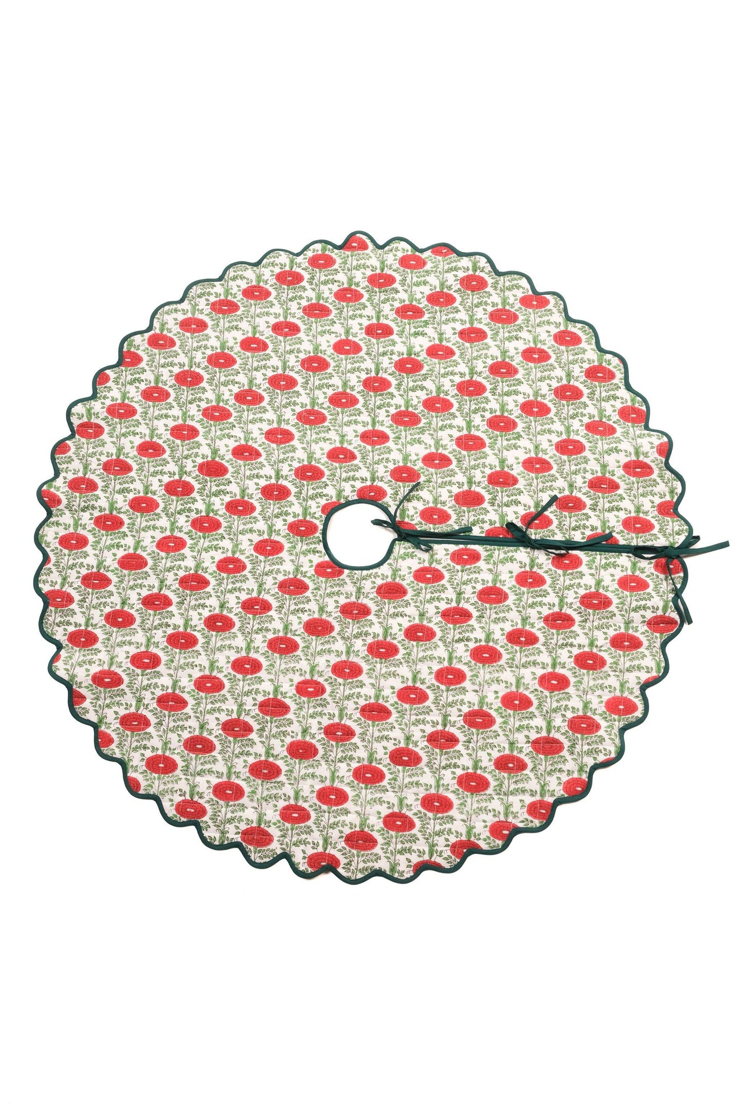 Scalloped Blockprint Quilted Tree Skirt in Araminta Green