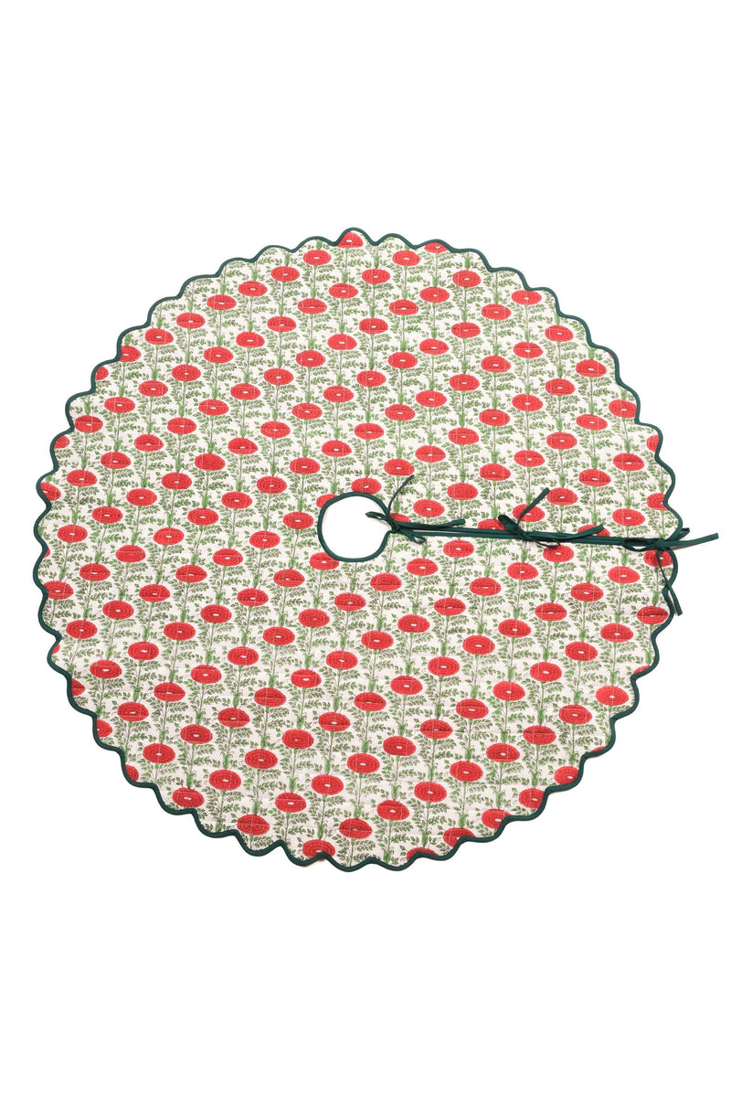 Scalloped Blockprint Quilted Tree Skirt in Araminta Green
