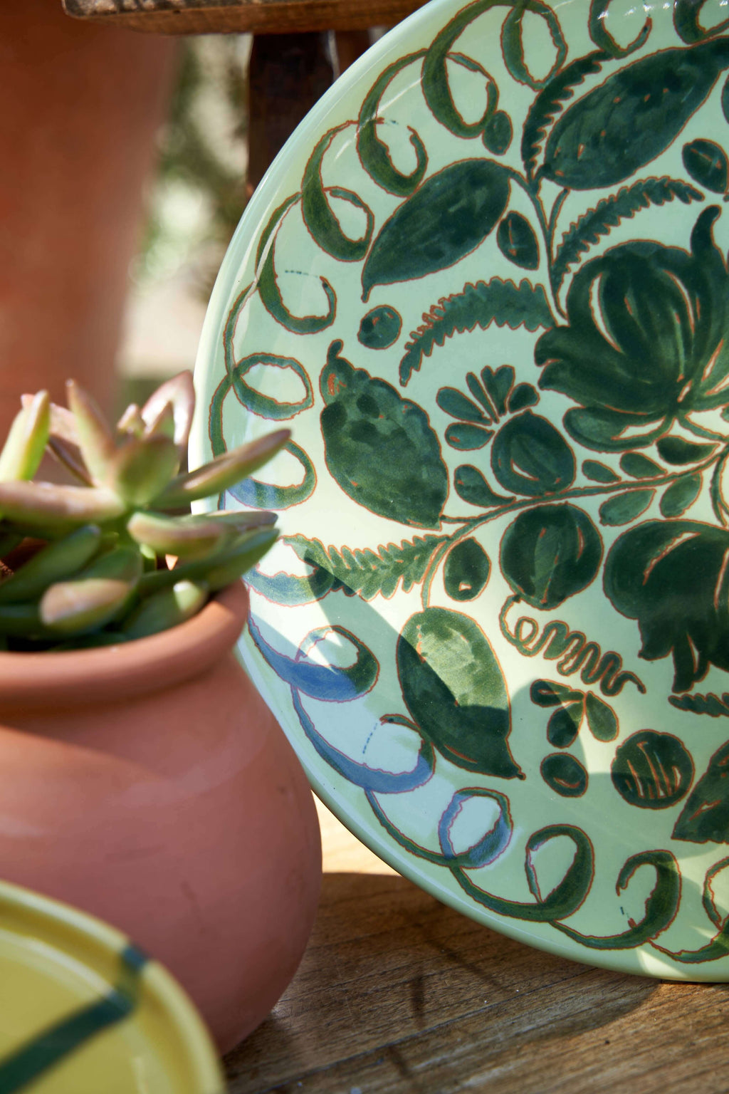 La Terrazza Ceramic Dinnerware with intricate hand-painted green floral design next to a succulent in a terra cotta pot.