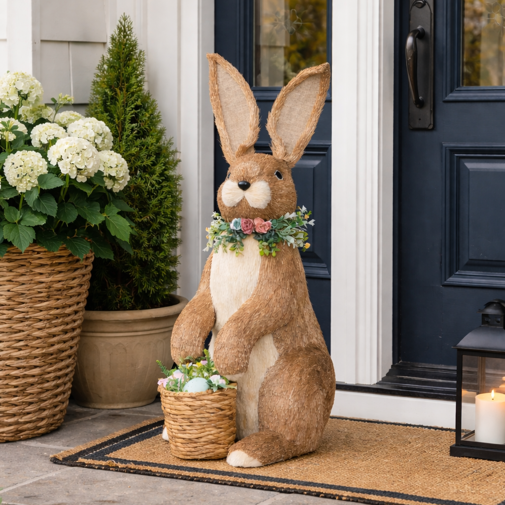 Decorative bunny with a basket of flowers on a front porch