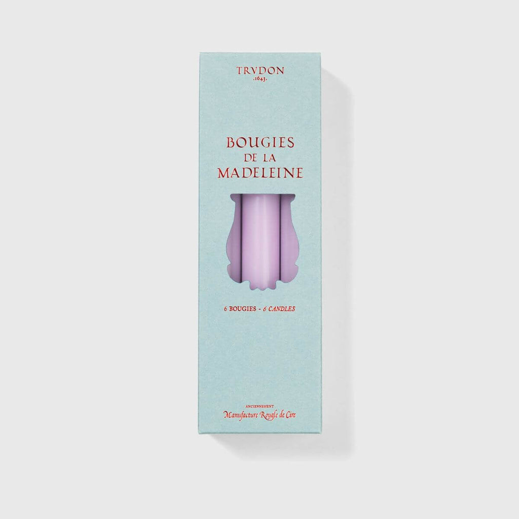 Madeleine Taper Candles - Lilac pack featuring six elegant tapered candles in a decorative box.