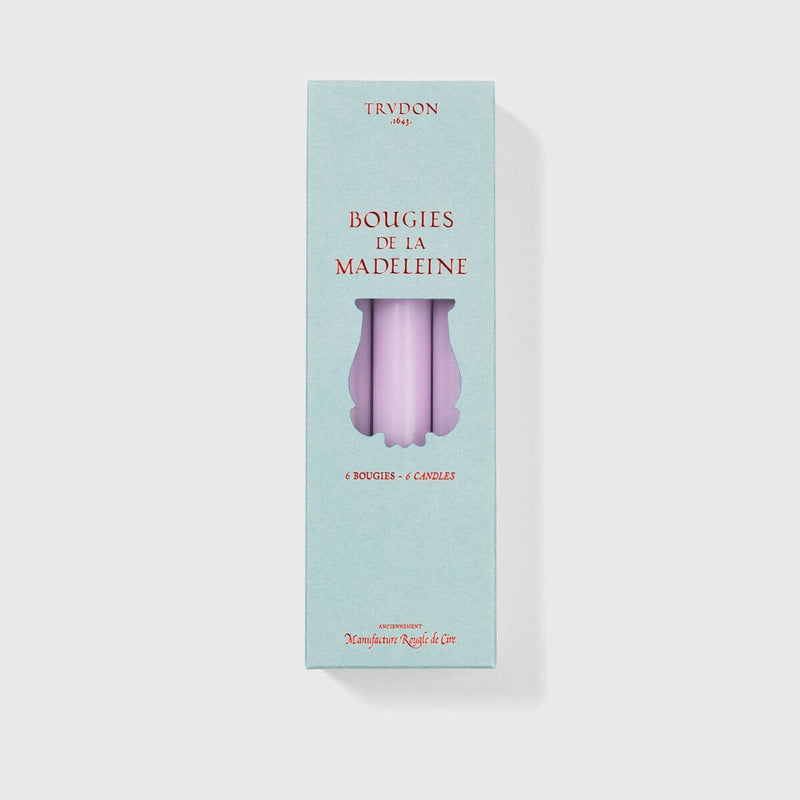 Madeleine Taper Candles - Lilac pack featuring six elegant tapered candles in a decorative box.