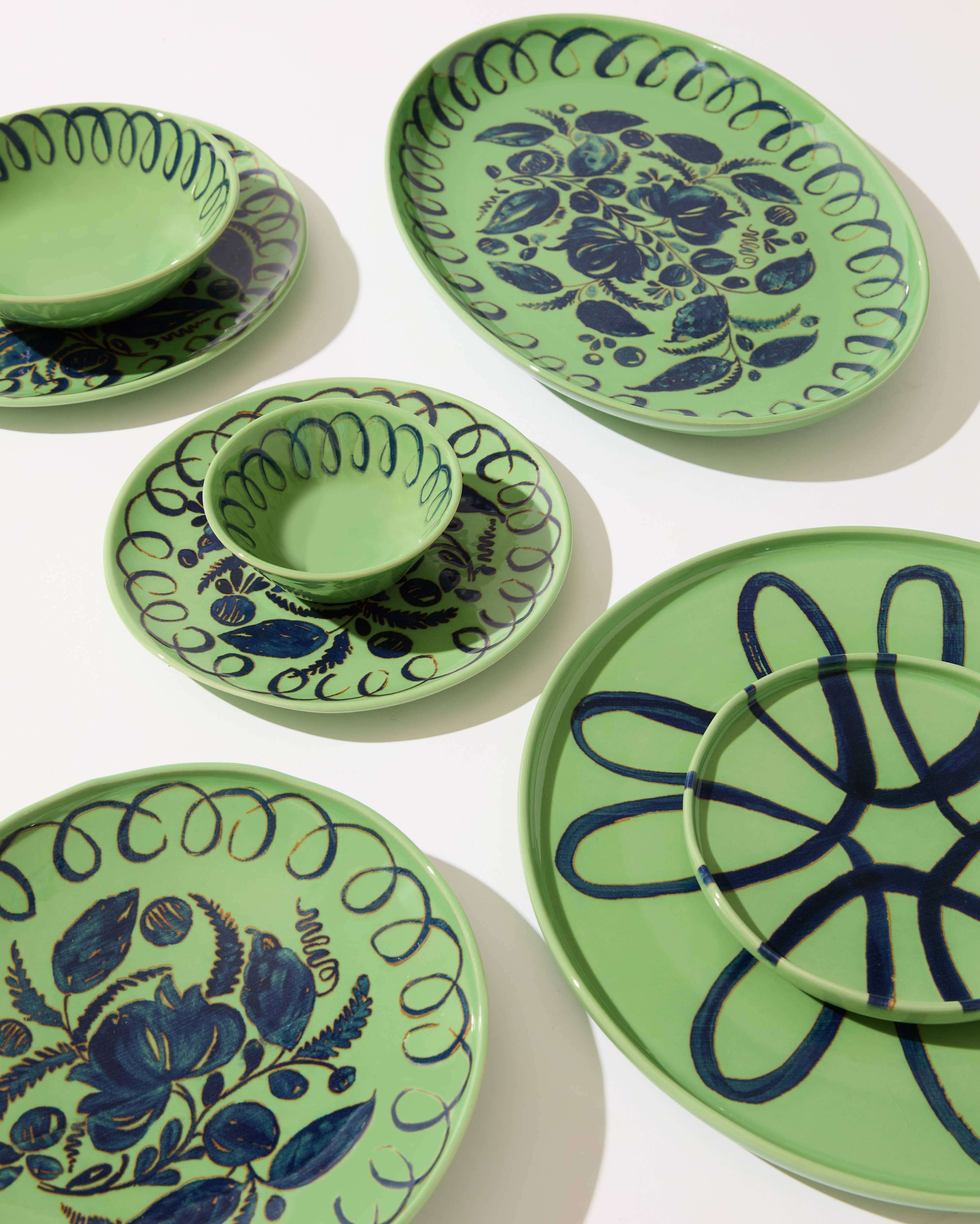 Amalfi Dessert Plate Green - 9.1" Diameter featuring intricate hand-painted designs on a vibrant green background.
