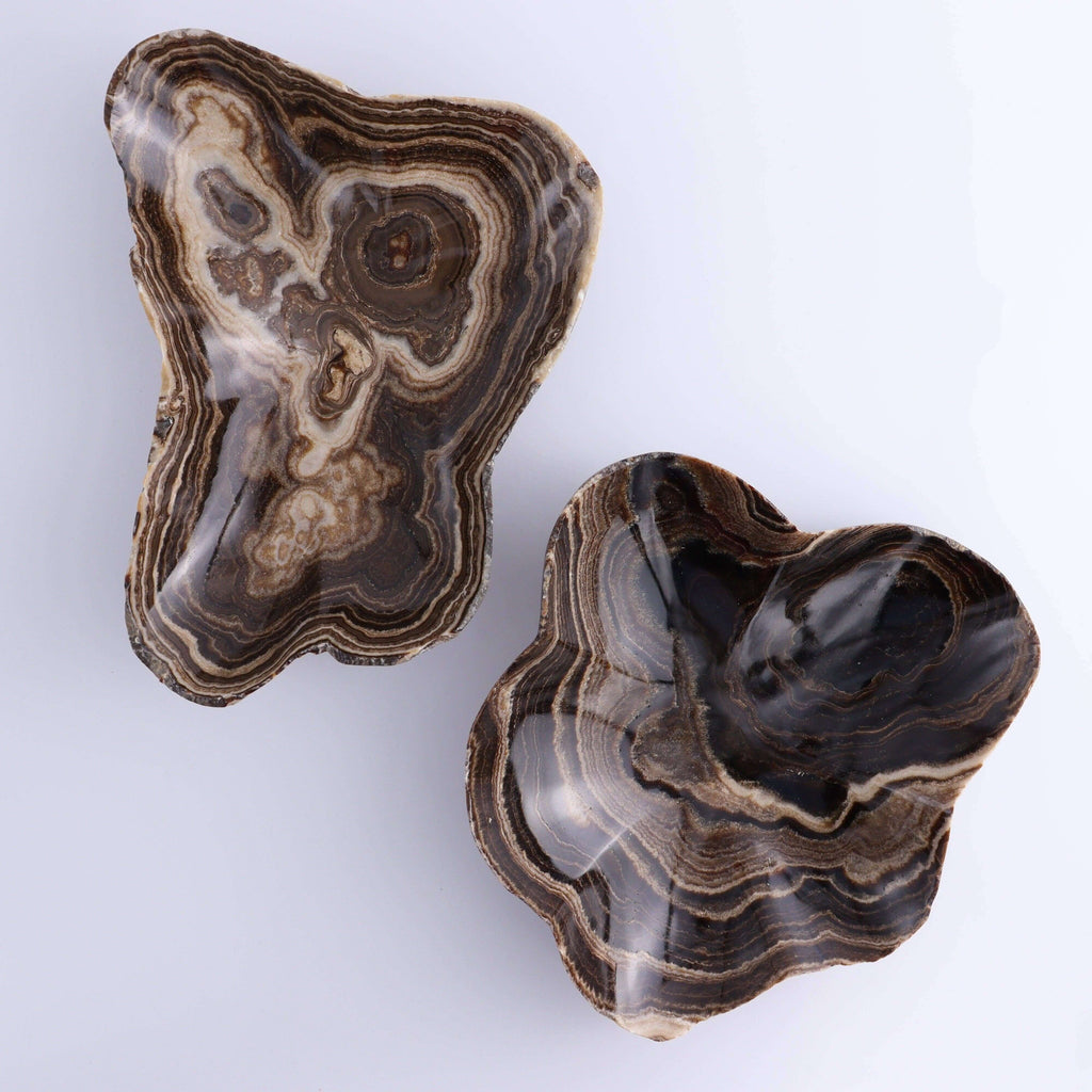 Mexican Onyx/Calcite Chocolate BOWL OOAK, showcasing unique patterns and earthy colors in two beautiful bowls.