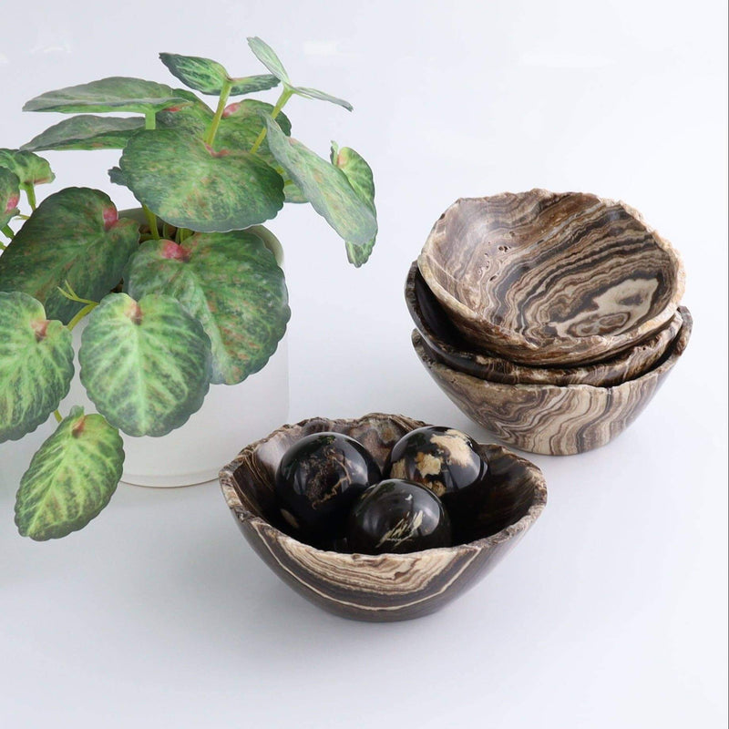 Mexican Onyx/Calcite Bowl OOAK with decorative plant and stones.