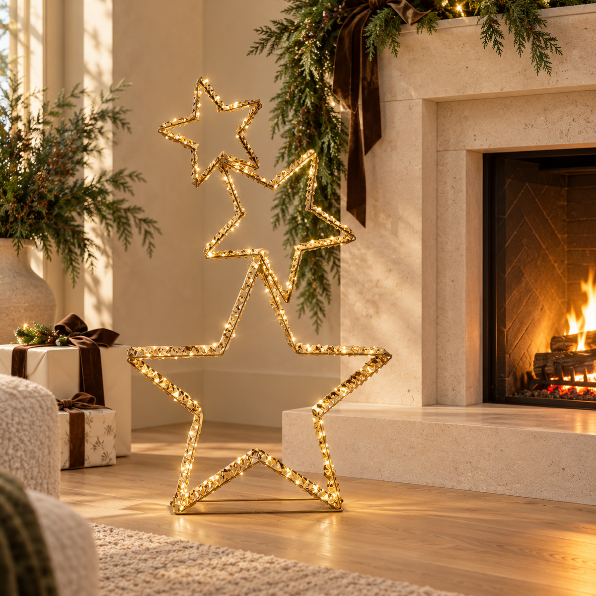 Wire Frame LED Stack of Stars Gold
