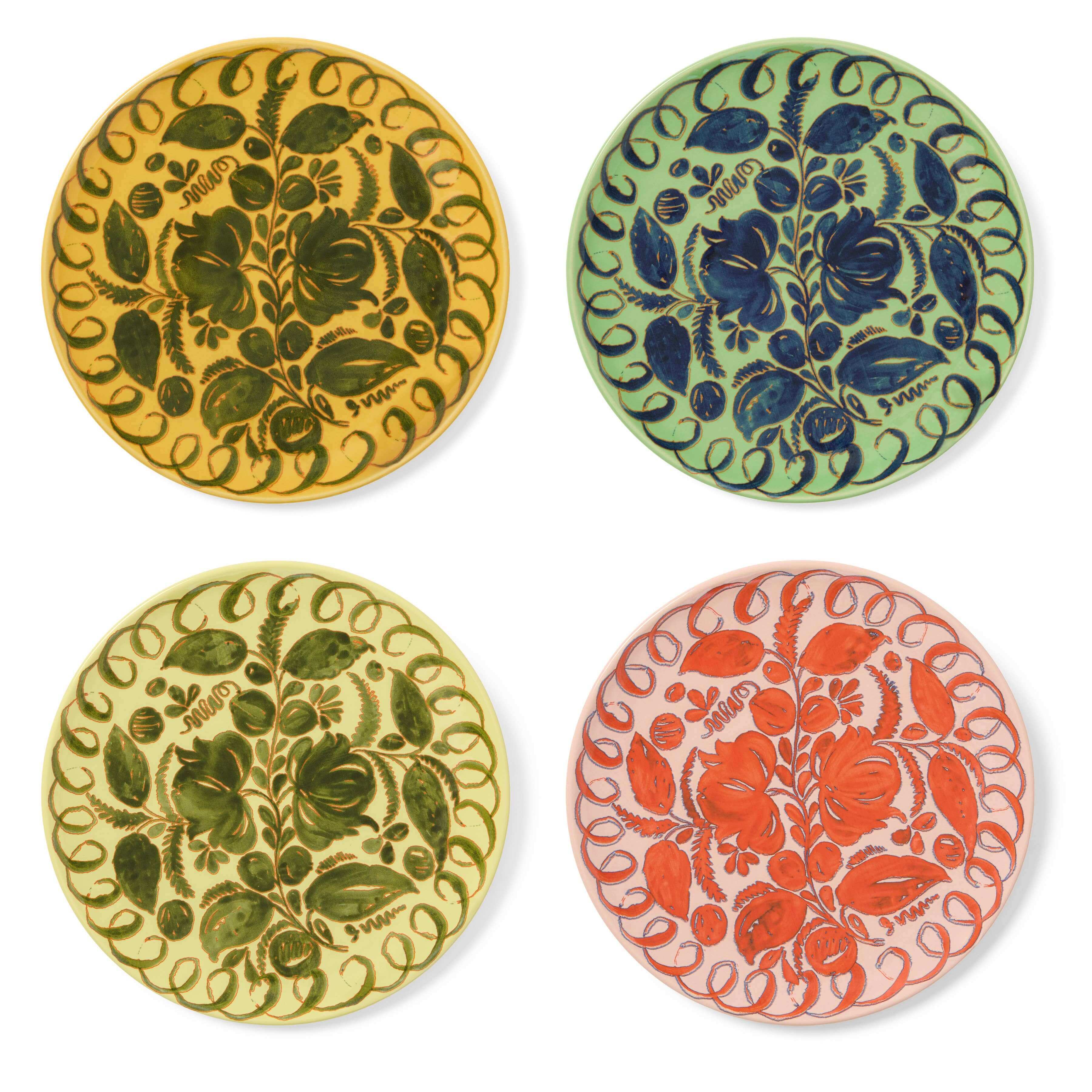 Amalfi Dinner Plate Mustard - 10.6" Diameter featuring vibrant hand-painted floral designs in assorted colors.
