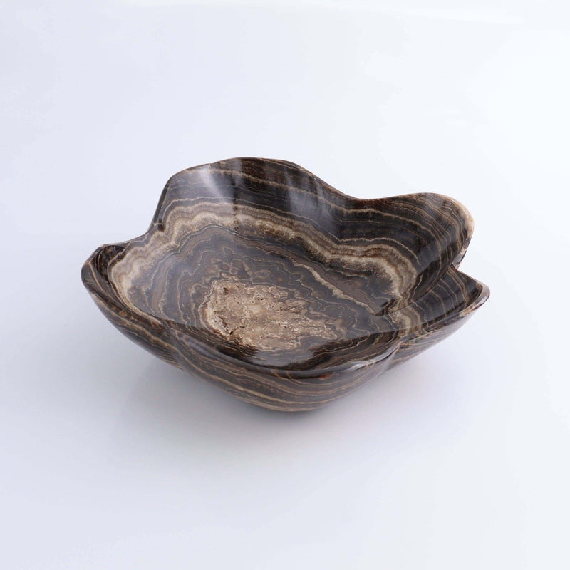 Mexican Onyx/Calcite Chocolate BOWL OOAK with unique patterns and polished edges.
