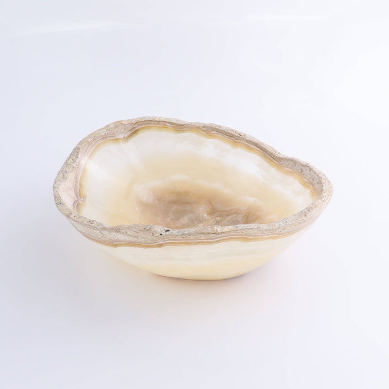 Mexican Onyx/Calcite Bowl 10" featuring warm amber tones and an organic rim, perfect for decor or storage.