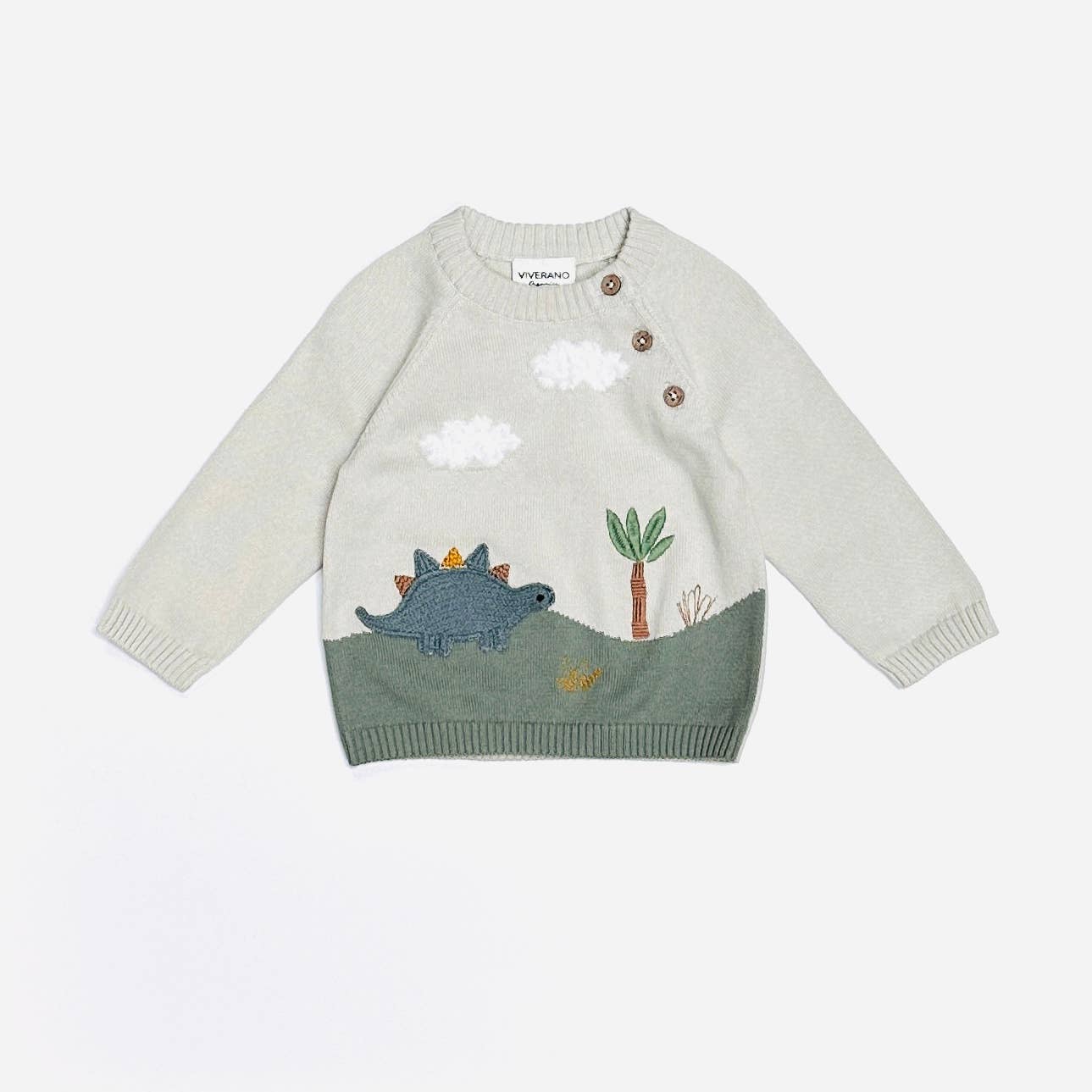 Dino Applique Button Baby Pullover Sweater (Organic): Stone / 12-18