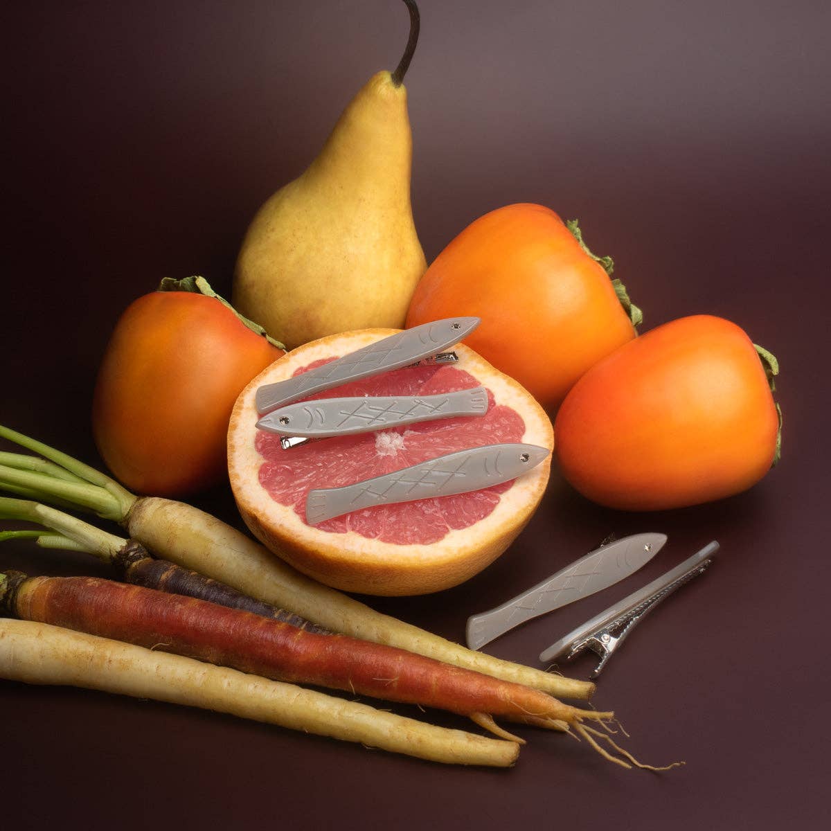 Sardine Fish Hair Clip Set in Silver Acetate with Rhinestone -  by Carlyle Avenue
