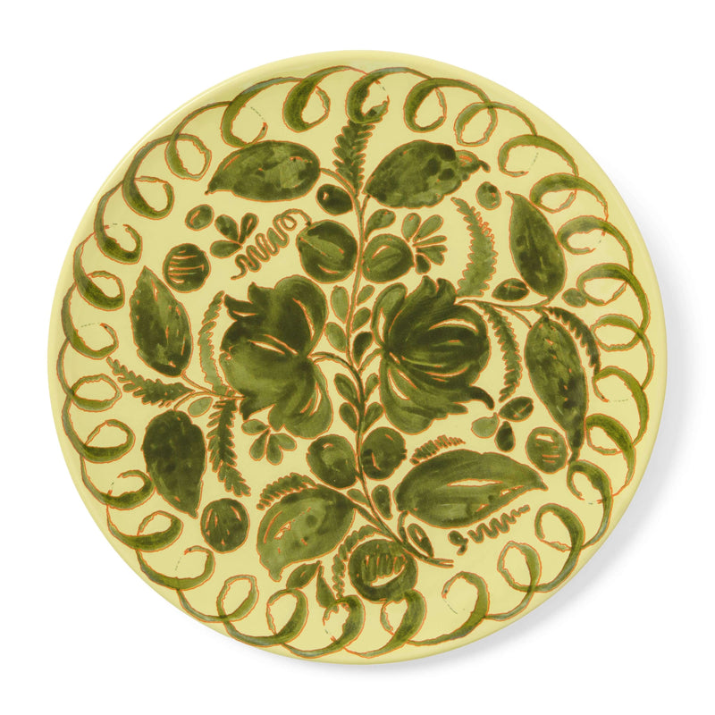 Amalfi Dinner Plate Lime - 10.6" Diameter featuring a floral design in green on a light yellow background.