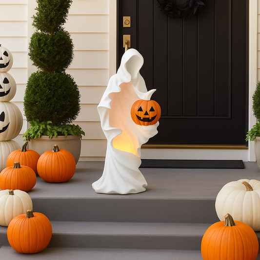 Decorative ghost with a pumpkin head on a Halloween front porch with pumpkins and a black door.