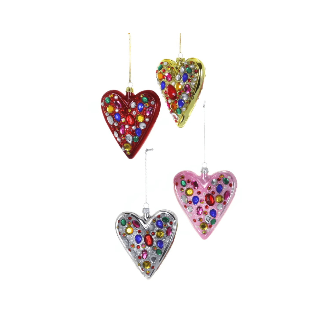 Jewel-Encrusted Heart Ornament, Set of 4 Assorted in vibrant colors and sparkling rhinestones.