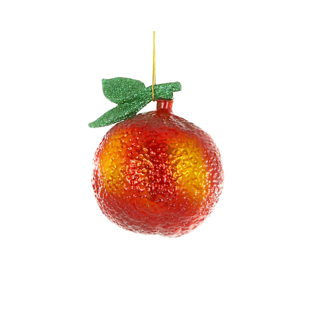 Textured glass Blood Orange Ornament with glittered leaf, showcasing vibrant crimson and citrus-bright hues.