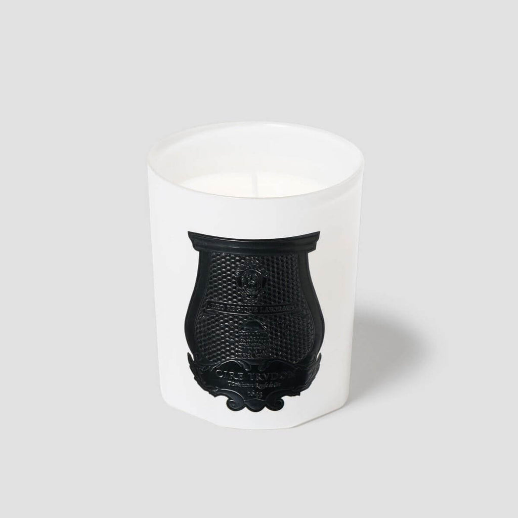 Rose Poivre Classic Candle in elegant white container with black emblem, handcrafted in Normandy, France.