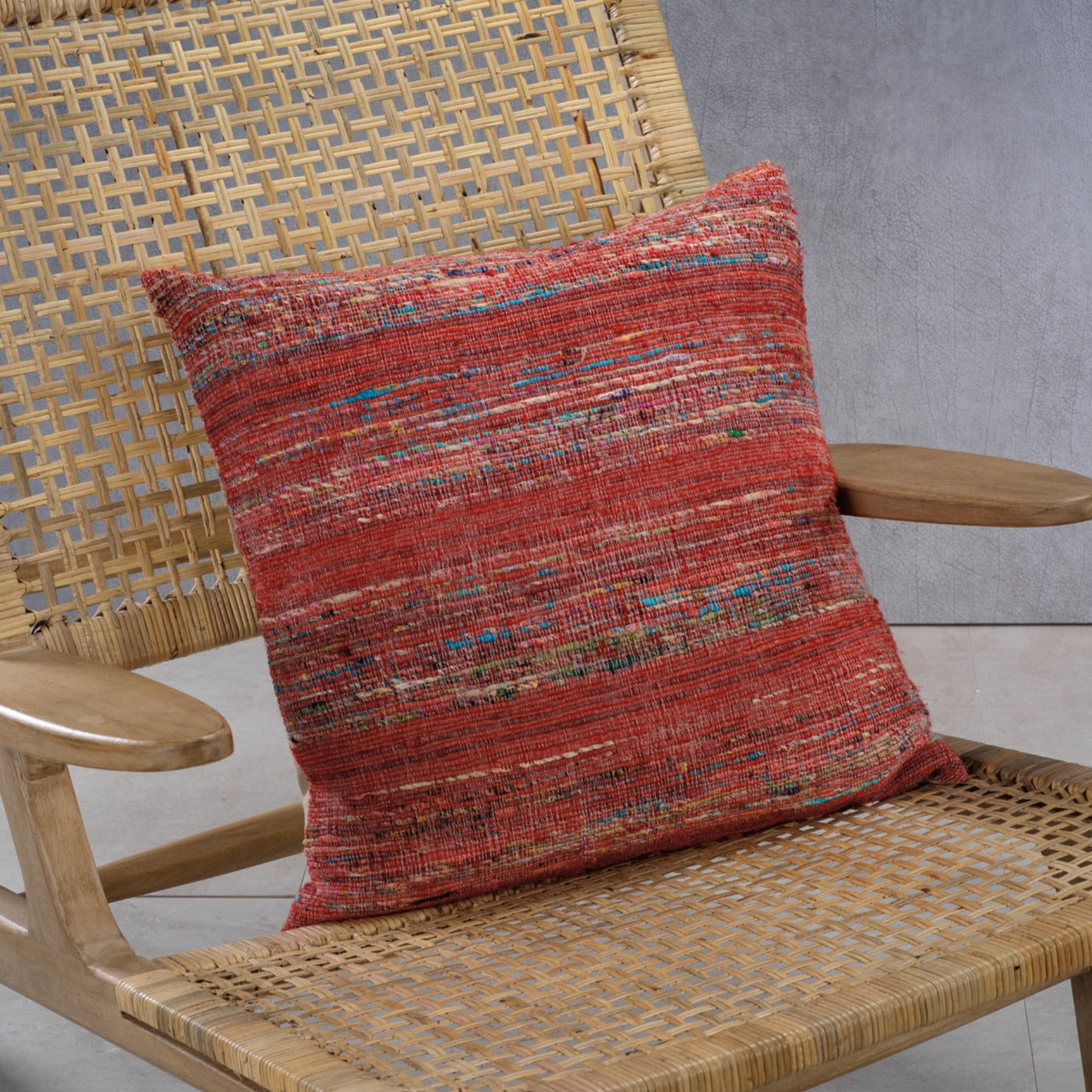 Masseria Cotton Throw Pillow - Multi Color w/ Coral Accent