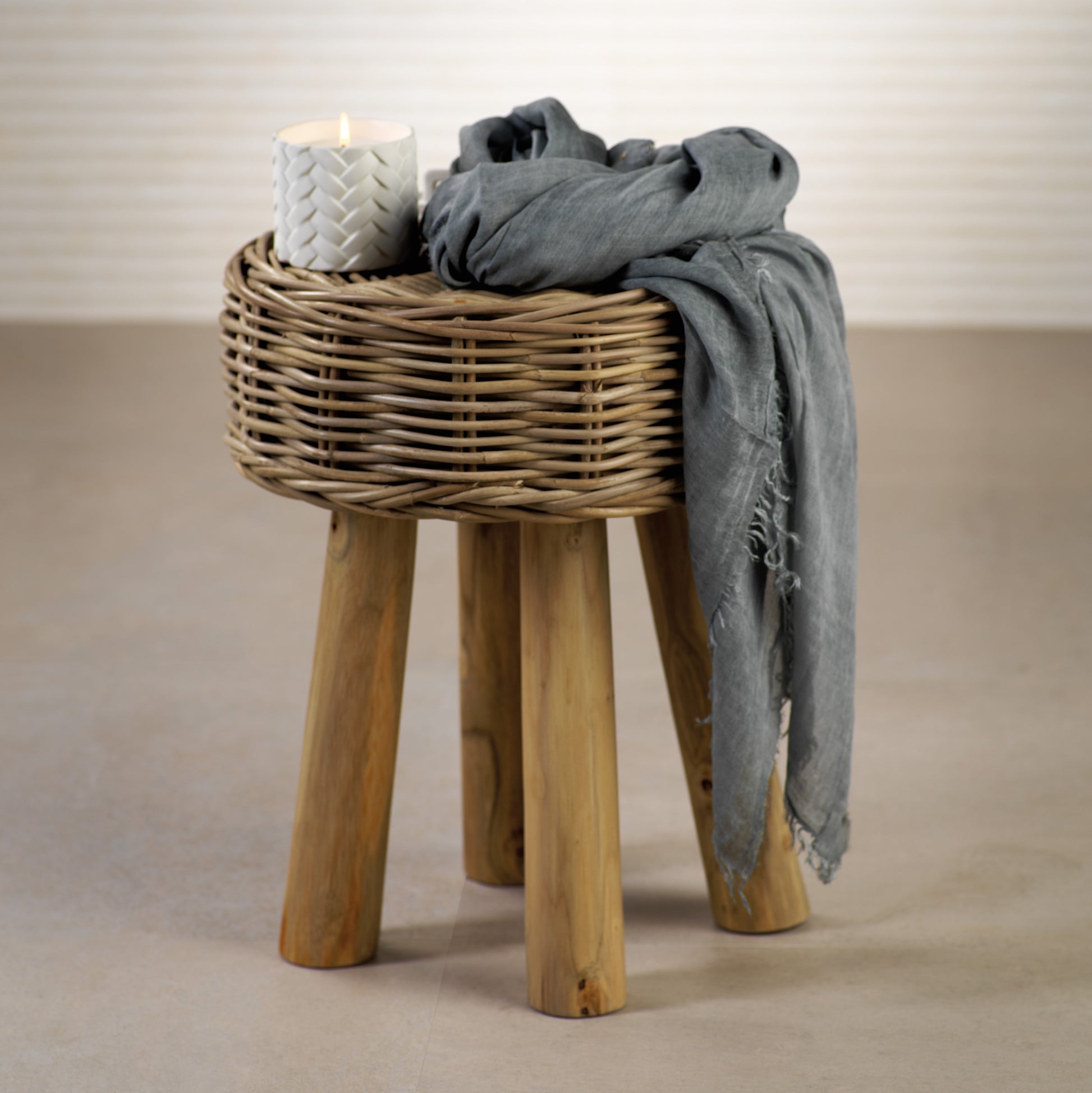 Rattan and Teakwood Stool - CARLYLE AVENUE