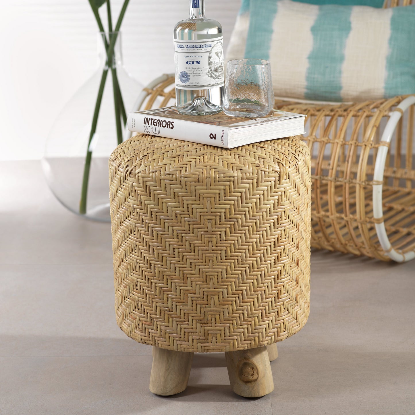 Elia Rattan and Teakwood Stool - CARLYLE AVENUE