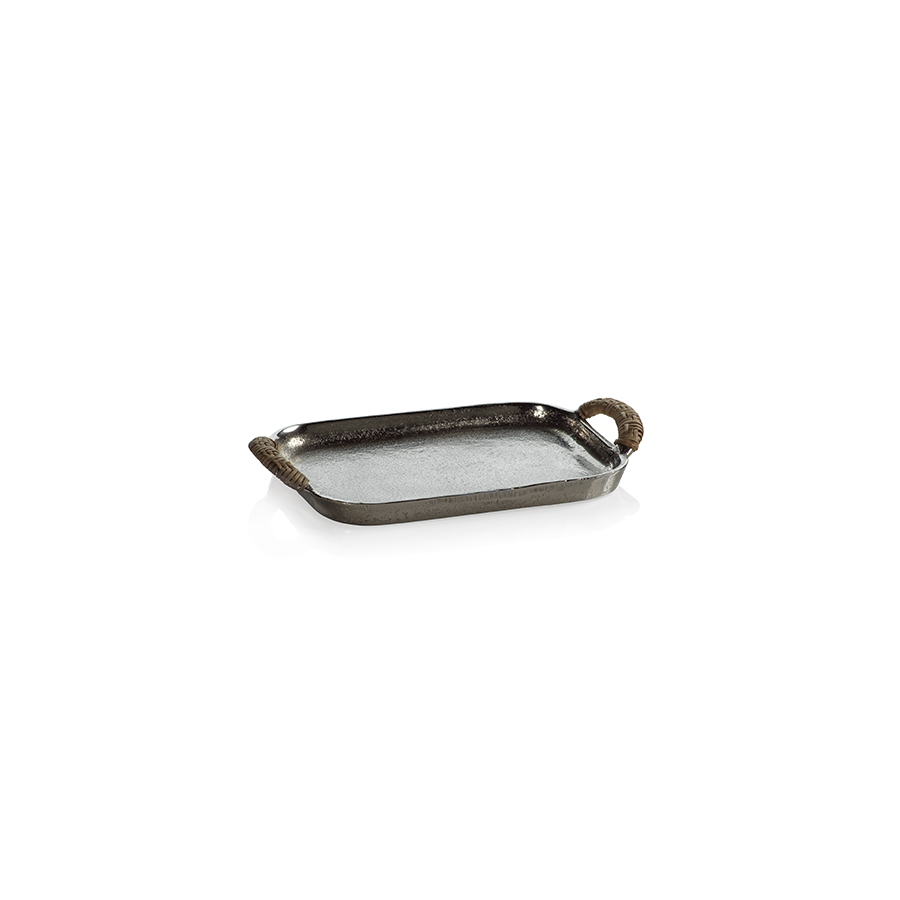 Mauritius Raw Aluminum Tray w/Cane Wrapped Handles