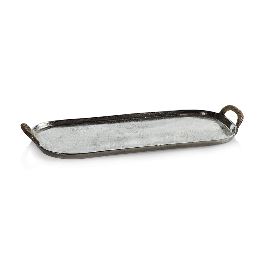 Mauritius Raw Aluminum Tray w/Cane Wrapped Handles