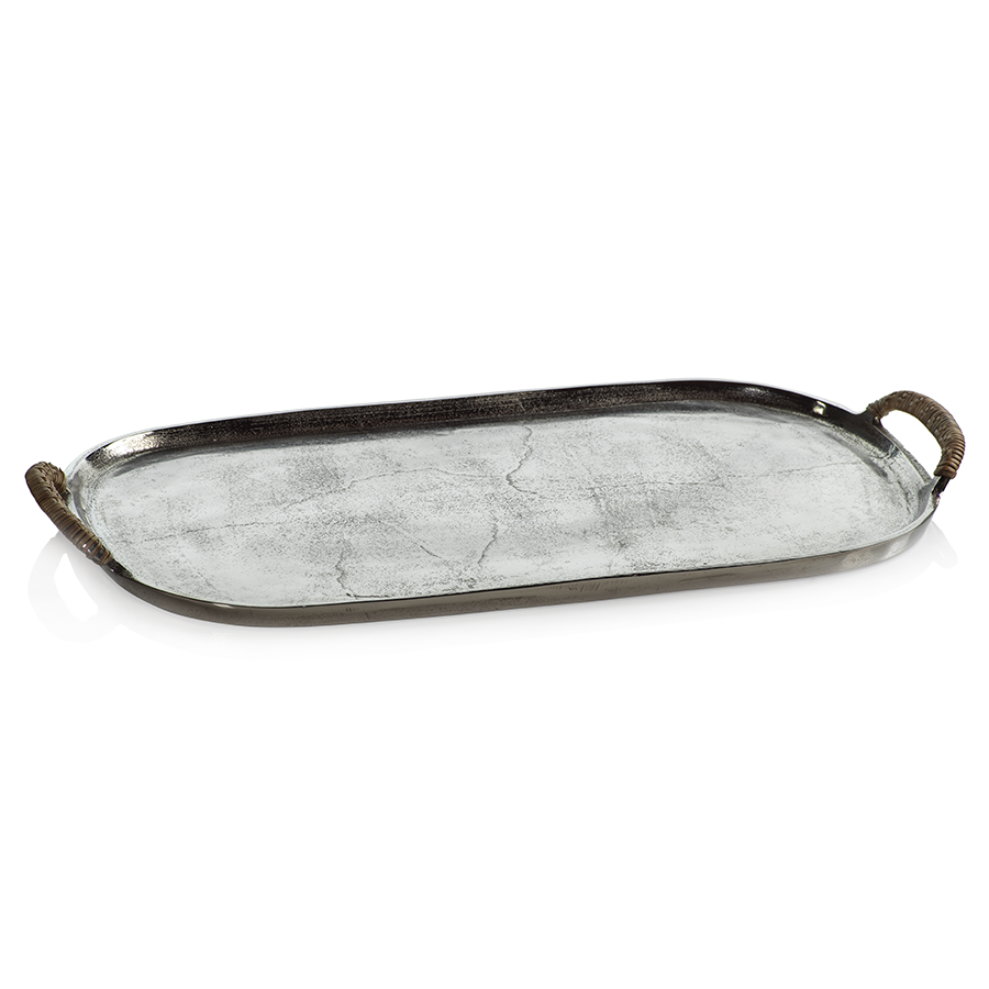 Mauritius Raw Aluminum Tray w/Cane Wrapped Handles