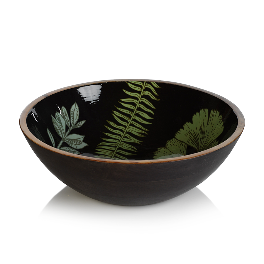 Botanical Garden Mango Wood Bowl - Green with Dark Gray