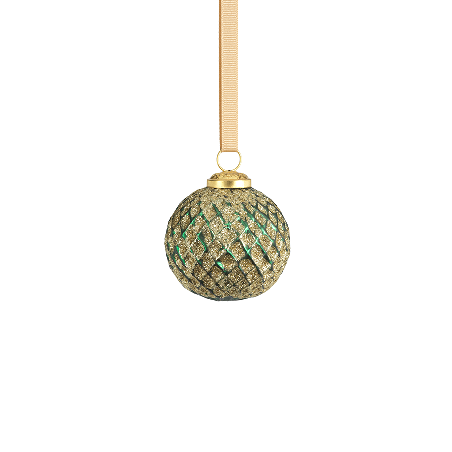 Beehive Glass Ornament - Green w/Gold Glitter