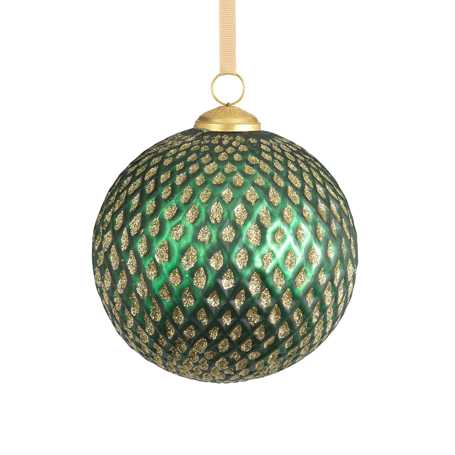 Beehive Glass Ornament - Green w/Gold Glitter