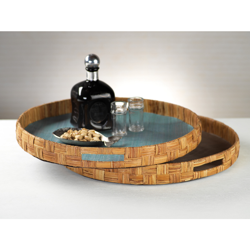 Agrari Abaca Silk Woven Cane Round Tray - Blue - Tray by Carlyle Avenue
