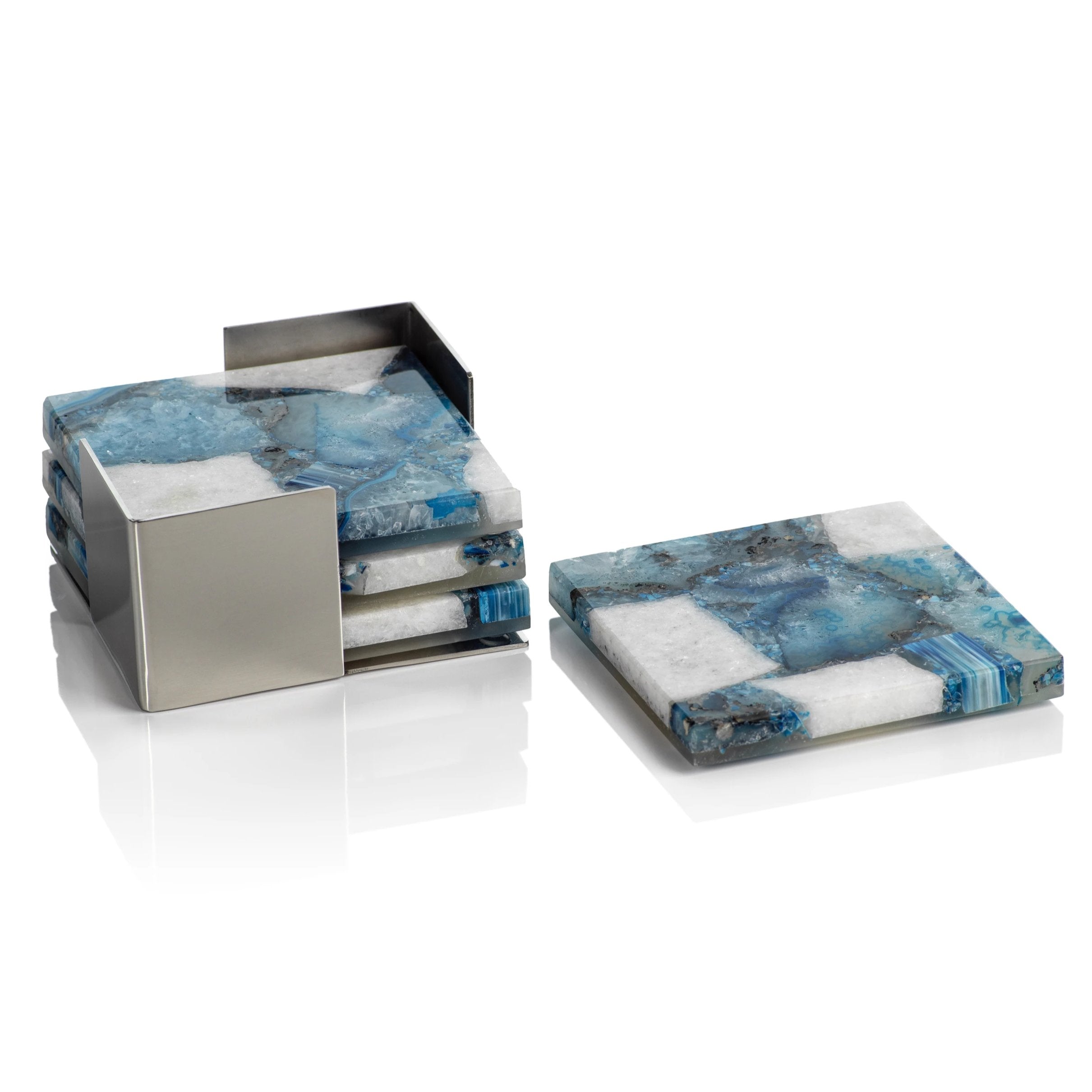 Four Crete Agate Coasters on Metal Tray - Blue/White - Coasters by Carlyle Avenue