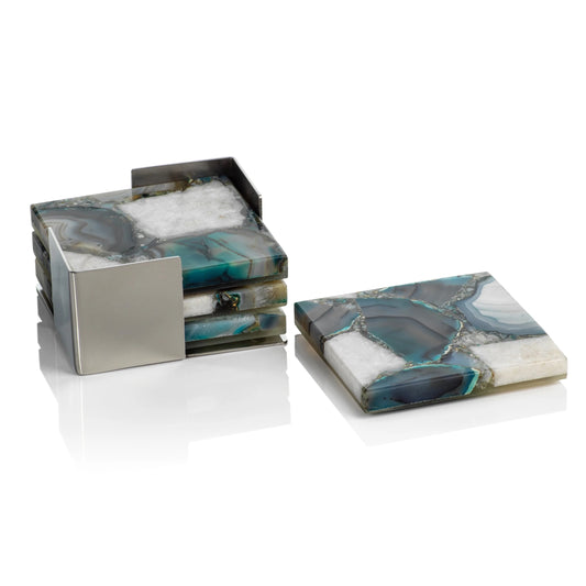 Set/4 Crete Agate Coasters on Metal Tray - Green/White - Coasters by Carlyle Avenue
