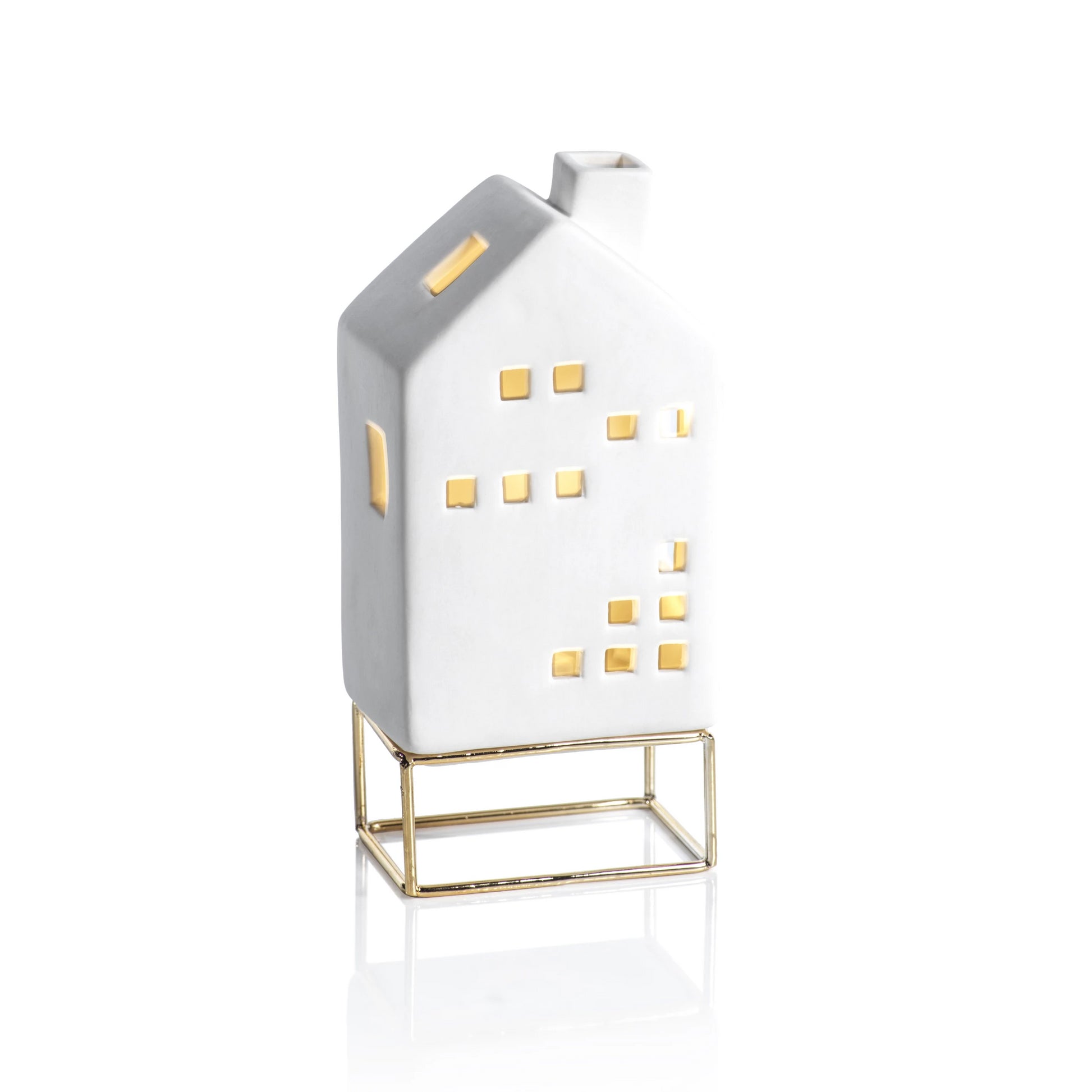 LED Ceramic House on Gold Metal Base - Christmas Decor by Carlyle Avenue