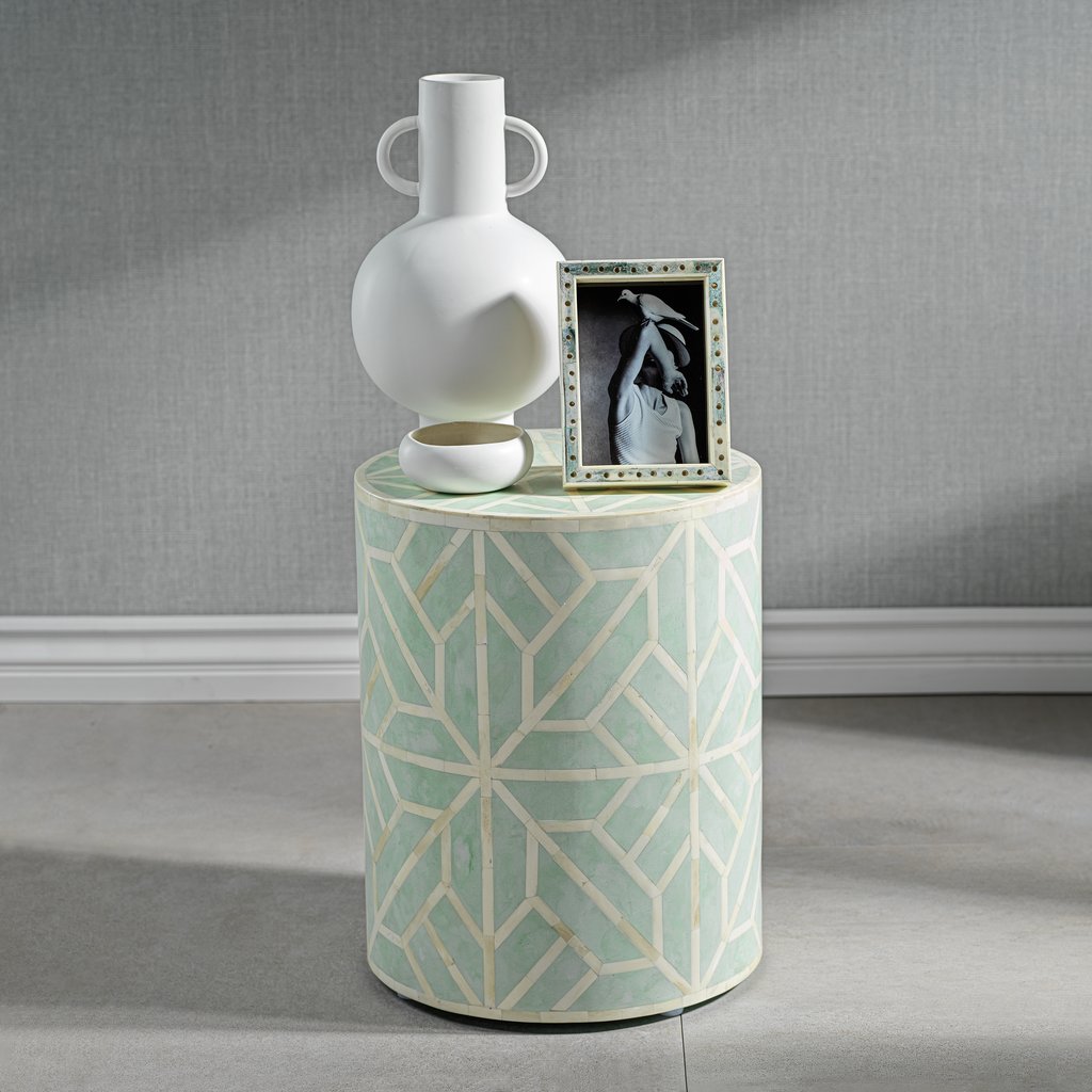Bone Inlay Geometric Round Stool - Furniture by Carlyle Avenue