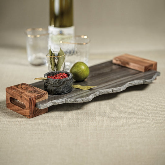 Gray Marble Tray w/Acacia Handles - Tray by Carlyle Avenue