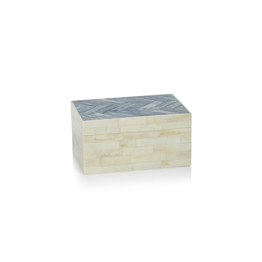 Côte d'Ivoire White Bone Box w/Blue Herringbone Pattern - Boxes by Carlyle Avenue