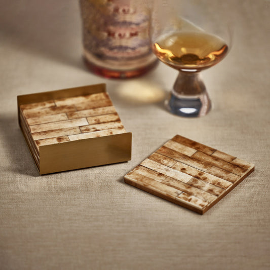 Antique Bone Coaster Set in Metal Tray - Brown & Gold - Coasters by Carlyle Avenue