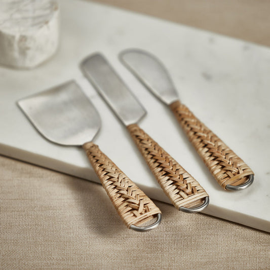 Rattan & Matte Steel Cheese Tools - Set of 3 - Tableware by Carlyle Avenue