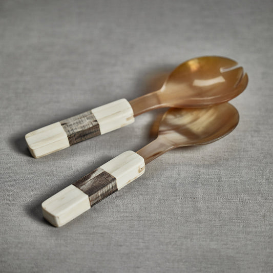 Variegated Horn w/Bone Etched Handle Salad Servers - Dark - Tableware by Carlyle Avenue
