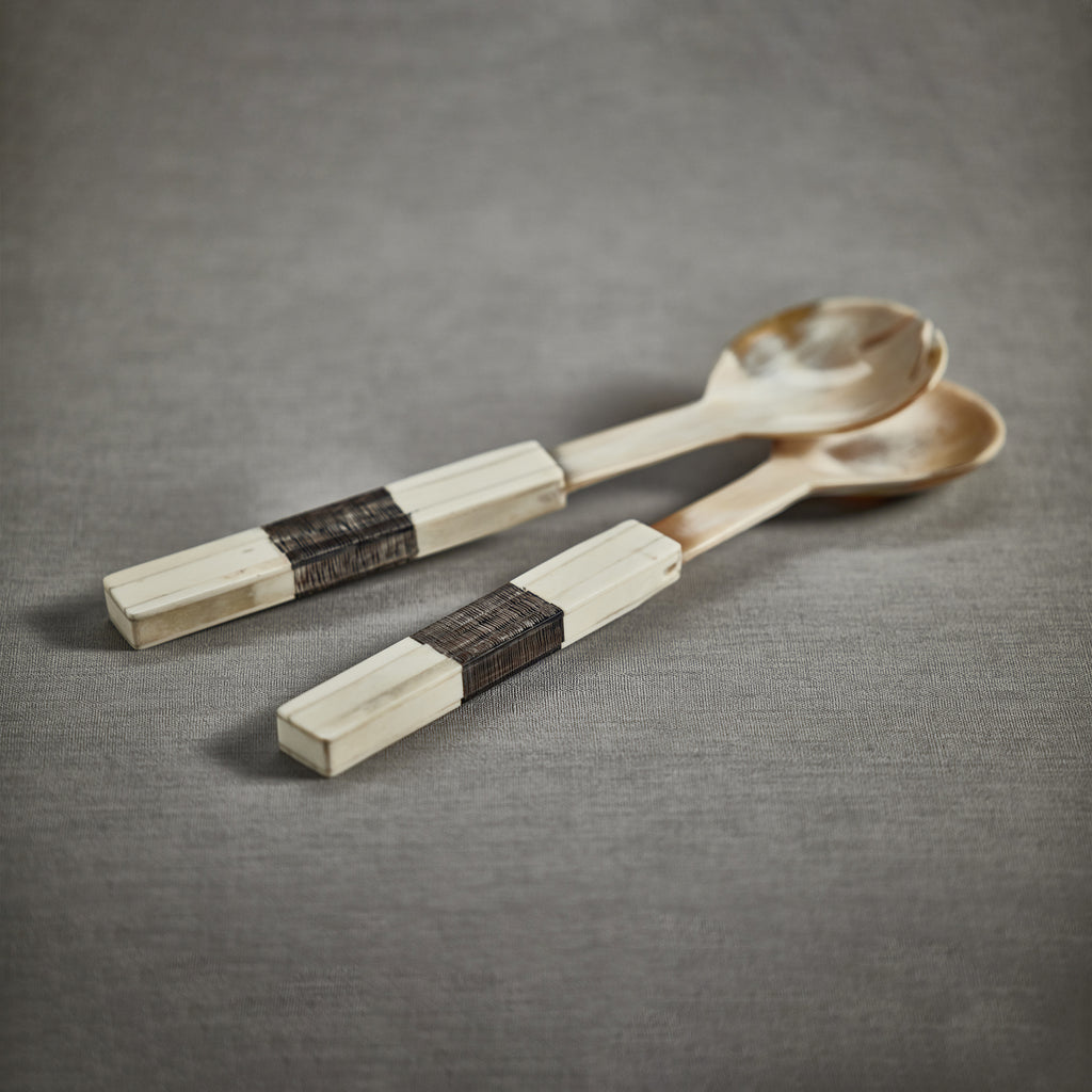 Variegated Horn w/Bone Etched Handle Salad Servers - Light - Tableware by Carlyle Avenue