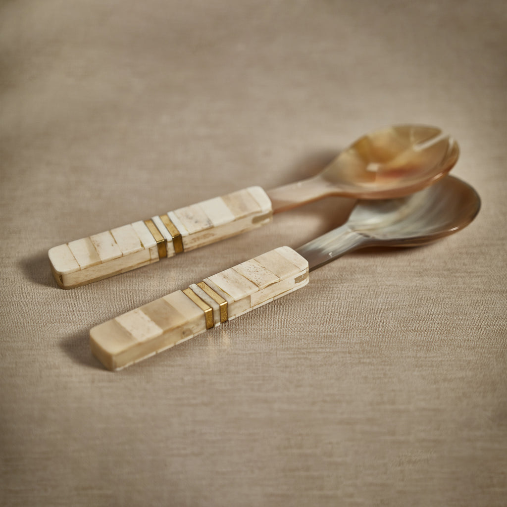 Variegated Horn w/Antique Bone and Brass Trim Salad Servers - Tableware by Carlyle Avenue