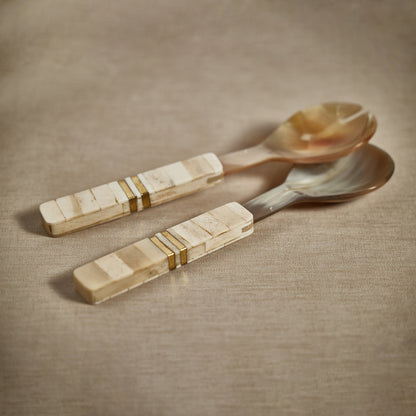 Variegated Horn w/Antique Bone and Brass Trim Salad Servers - Tableware by Carlyle Avenue