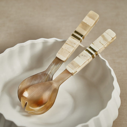 Variegated Horn w/Antique Bone and Brass Trim Salad Servers - Tableware by Carlyle Avenue
